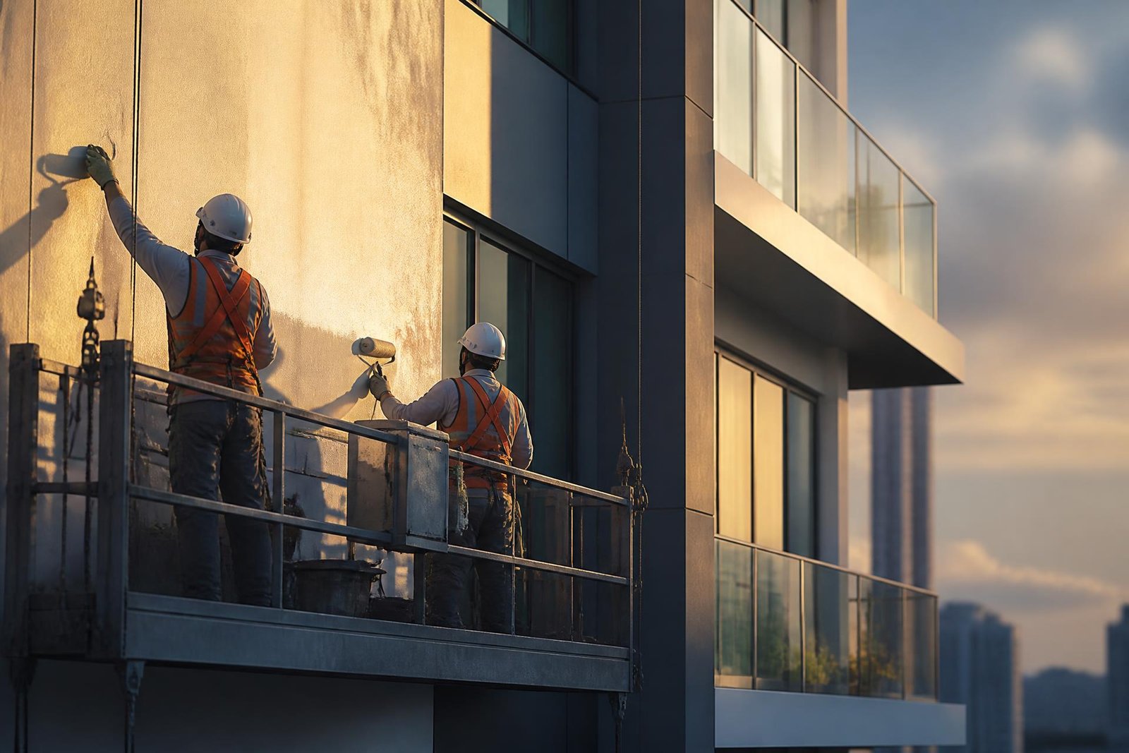 Equipe da Classe A pintando fachada de prédio residencial